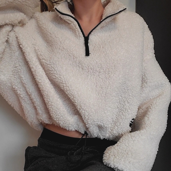 H&M White Teddy Sherpa Pullover Drawstring Quarter zip Swea… - Picture 1 of 11